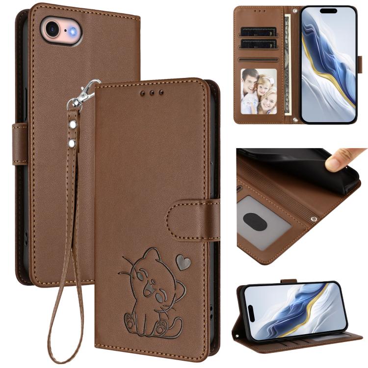 เคสโทรศัพท์หนังลายนูนรูปหัวใจแมวพร้อมสายคล้องมือ สำหรับ iPhone 14 Pro Max, สำหรับ iPhone 7 / 8 / SE 2022, สำหรับ iPhone 13 Pro Max, สำหรับ iPhone 13 Pro