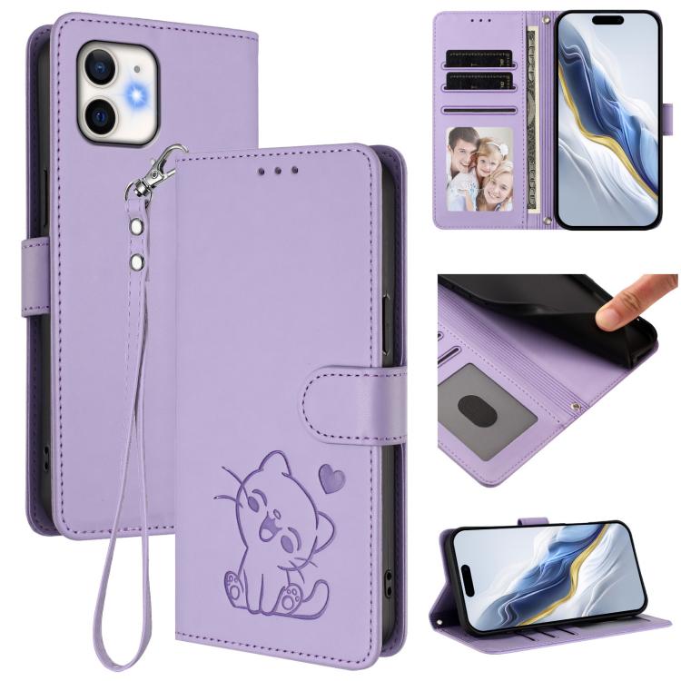 Embossed Heart Cat Leather Phone Case with Hand Strap, For iPhone 11 Pro Max, For iPhone 11, For iPhone 11 Pro, For iPhone X / XS