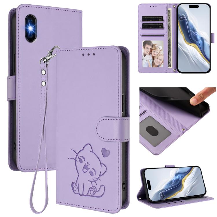 Embossed Heart Cat Leather Phone Case with Hand Strap, For iPhone 11 Pro Max, For iPhone 11, For iPhone 11 Pro, For iPhone X / XS
