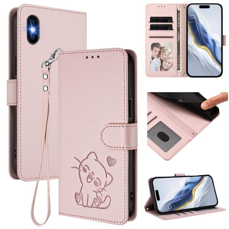 เคสโทรศัพท์หนังปั๊มลายหัวใจแมวพร้อมสายคล้องมือ สำหรับ iPhone XR, สำหรับ iPhone XS Max, สำหรับ iPhone 7 Plus / 8 Plus