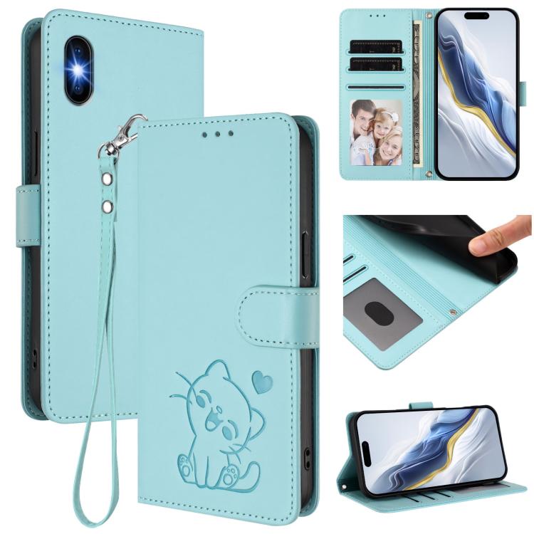 เคสโทรศัพท์หนังปั๊มลายหัวใจแมวพร้อมสายคล้องมือ สำหรับ iPhone XR, สำหรับ iPhone XS Max, สำหรับ iPhone 7 Plus / 8 Plus