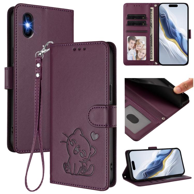 เคสโทรศัพท์หนังปั๊มลายหัวใจแมวพร้อมสายคล้องมือ สำหรับ iPhone XR, สำหรับ iPhone XS Max, สำหรับ iPhone 7 Plus / 8 Plus