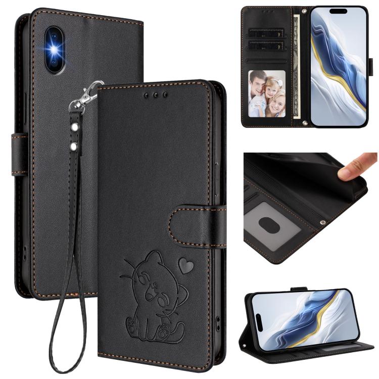 เคสโทรศัพท์หนังปั๊มลายหัวใจแมวพร้อมสายคล้องมือ สำหรับ iPhone XR, สำหรับ iPhone XS Max, สำหรับ iPhone 7 Plus / 8 Plus