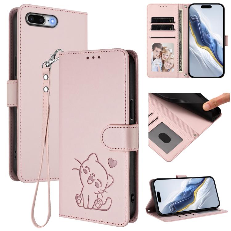 เคสโทรศัพท์หนังปั๊มลายหัวใจแมวพร้อมสายคล้องมือ สำหรับ iPhone XR, สำหรับ iPhone XS Max, สำหรับ iPhone 7 Plus / 8 Plus