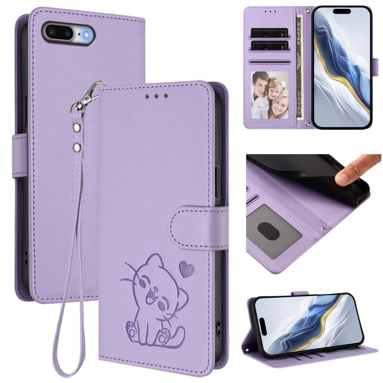 เคสโทรศัพท์หนังปั๊มลายหัวใจแมวพร้อมสายคล้องมือ สำหรับ iPhone XR, สำหรับ iPhone XS Max, สำหรับ iPhone 7 Plus / 8 Plus