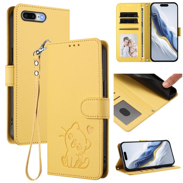 เคสโทรศัพท์หนังปั๊มลายหัวใจแมวพร้อมสายคล้องมือ สำหรับ iPhone XR, สำหรับ iPhone XS Max, สำหรับ iPhone 7 Plus / 8 Plus