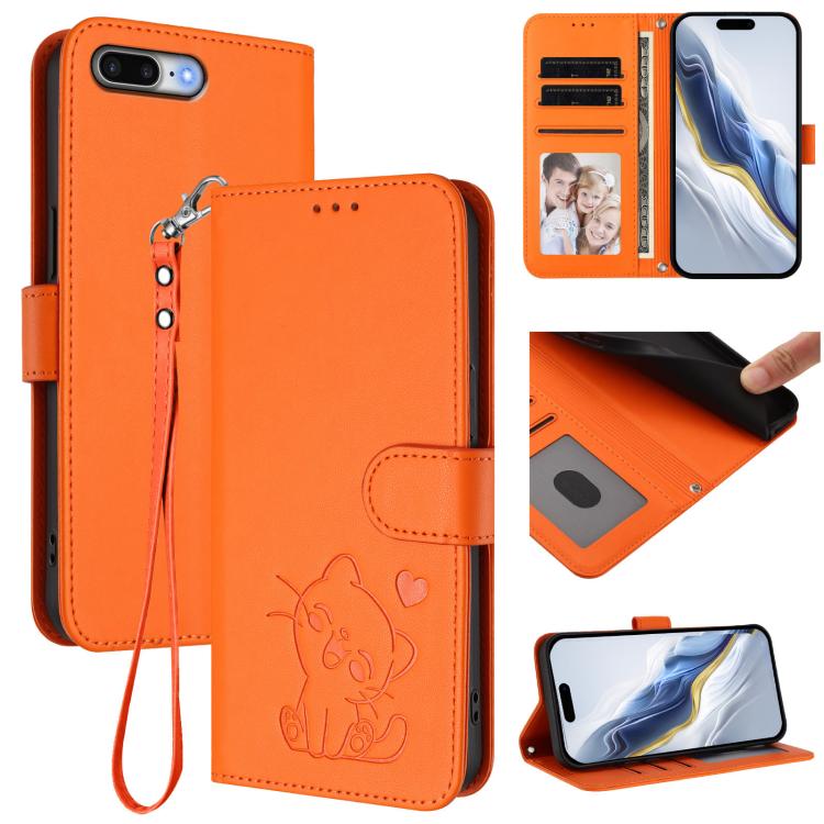 เคสโทรศัพท์หนังปั๊มลายหัวใจแมวพร้อมสายคล้องมือ สำหรับ iPhone XR, สำหรับ iPhone XS Max, สำหรับ iPhone 7 Plus / 8 Plus