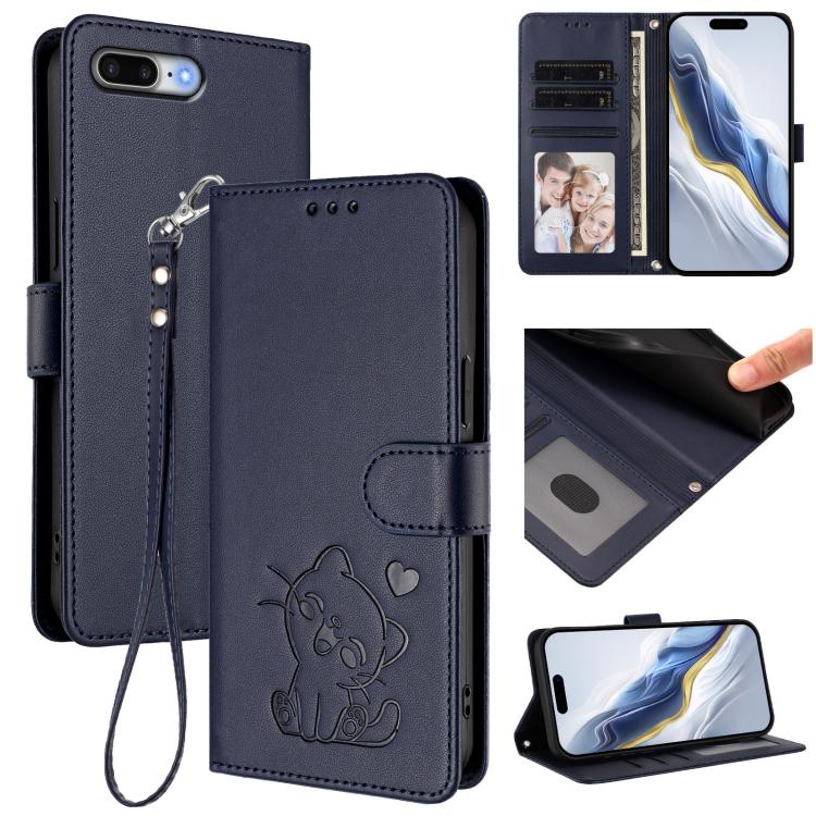 เคสโทรศัพท์หนังปั๊มลายหัวใจแมวพร้อมสายคล้องมือ สำหรับ iPhone XR, สำหรับ iPhone XS Max, สำหรับ iPhone 7 Plus / 8 Plus