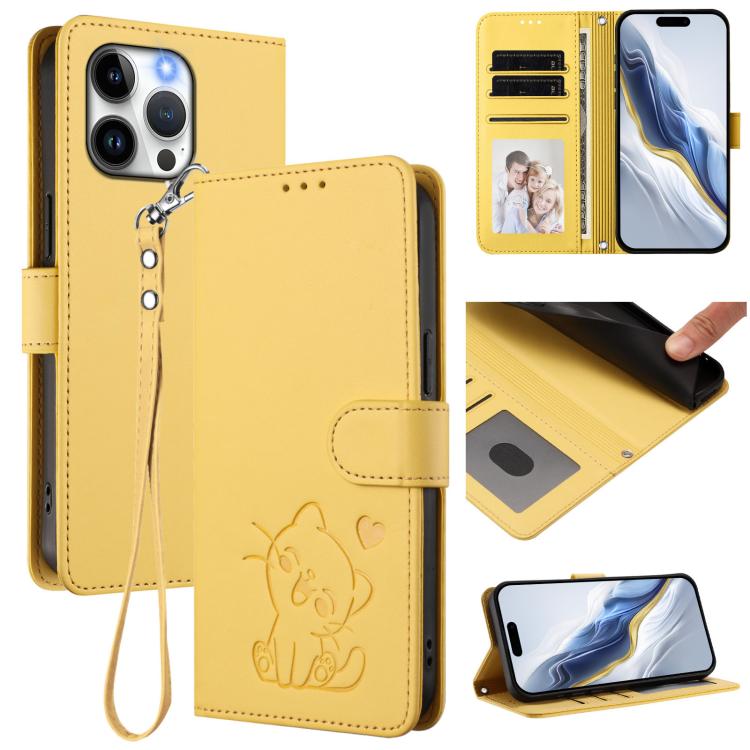 เคสโทรศัพท์หนังลายนูนรูปหัวใจแมวพร้อมสายคล้องมือ สำหรับ iPhone 15, สำหรับ iPhone 14 Plus, สำหรับ iPhone 14 / 13, สำหรับ iPhone 14 Pro