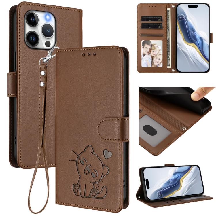 เคสโทรศัพท์หนังลายนูนรูปหัวใจแมวพร้อมสายคล้องมือ สำหรับ iPhone 15, สำหรับ iPhone 14 Plus, สำหรับ iPhone 14 / 13, สำหรับ iPhone 14 Pro