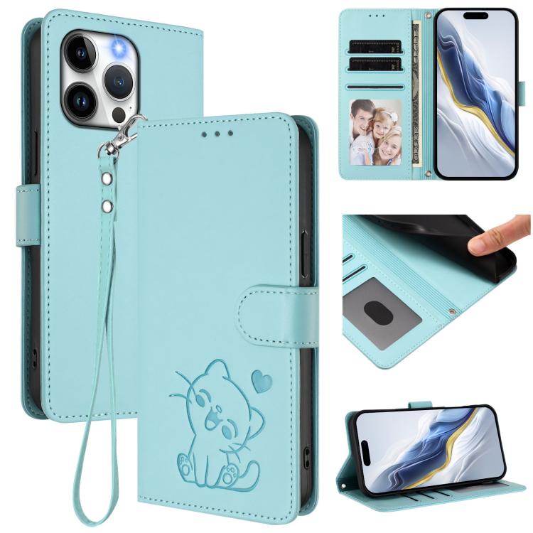 เคสโทรศัพท์หนังลายนูนรูปหัวใจแมวพร้อมสายคล้องมือ สำหรับ iPhone 14 Pro Max, สำหรับ iPhone 7 / 8 / SE 2022, สำหรับ iPhone 13 Pro Max, สำหรับ iPhone 13 Pro