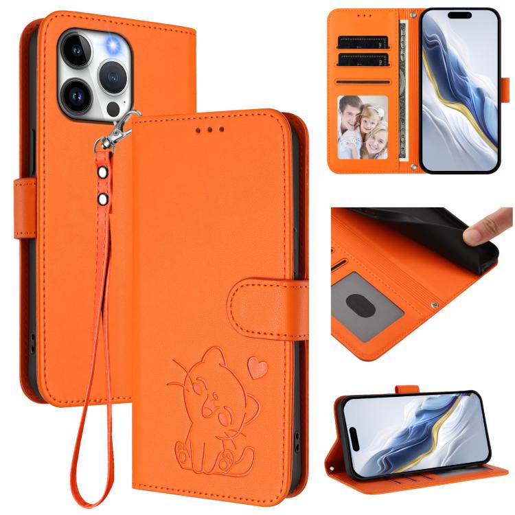 เคสโทรศัพท์หนังลายนูนรูปหัวใจแมวพร้อมสายคล้องมือ สำหรับ iPhone 14 Pro Max, สำหรับ iPhone 7 / 8 / SE 2022, สำหรับ iPhone 13 Pro Max, สำหรับ iPhone 13 Pro