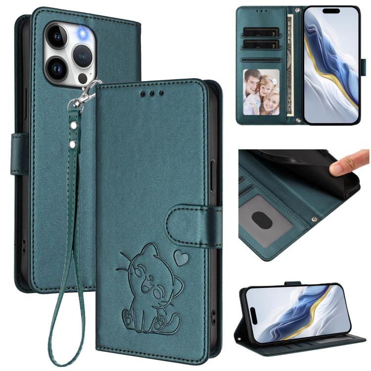 เคสโทรศัพท์หนังลายนูนรูปหัวใจแมวพร้อมสายคล้องมือ สำหรับ iPhone 14 Pro Max, สำหรับ iPhone 7 / 8 / SE 2022, สำหรับ iPhone 13 Pro Max, สำหรับ iPhone 13 Pro