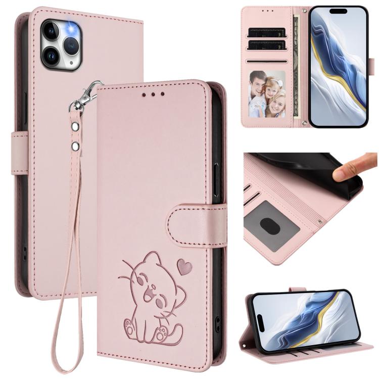 เคสโทรศัพท์หนังปั๊มลายหัวใจแมวพร้อมสายคล้องมือ สำหรับ iPhone 11 Pro Max, สำหรับ iPhone 11, สำหรับ iPhone 11 Pro, สำหรับ iPhone X / XS