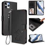 Embossed Heart Cat Leather Phone Case with Hand Strap, For iPhone 11 Pro Max, For iPhone 11, For iPhone 11 Pro, For iPhone X / XS