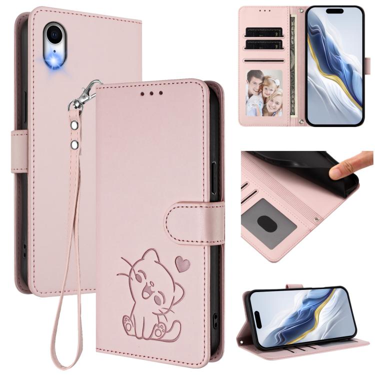 เคสโทรศัพท์หนังปั๊มลายหัวใจแมวพร้อมสายคล้องมือ สำหรับ iPhone XR, สำหรับ iPhone XS Max, สำหรับ iPhone 7 Plus / 8 Plus
