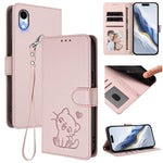 เคสโทรศัพท์หนังปั๊มลายหัวใจแมวพร้อมสายคล้องมือ สำหรับ iPhone XR, สำหรับ iPhone XS Max, สำหรับ iPhone 7 Plus / 8 Plus