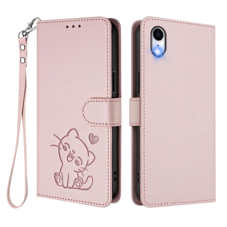 เคสโทรศัพท์หนังปั๊มลายหัวใจแมวพร้อมสายคล้องมือ สำหรับ iPhone XR, สำหรับ iPhone XS Max, สำหรับ iPhone 7 Plus / 8 Plus