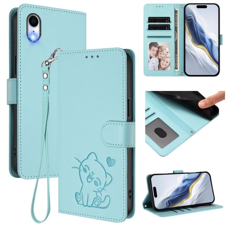 เคสโทรศัพท์หนังปั๊มลายหัวใจแมวพร้อมสายคล้องมือ สำหรับ iPhone XR, สำหรับ iPhone XS Max, สำหรับ iPhone 7 Plus / 8 Plus