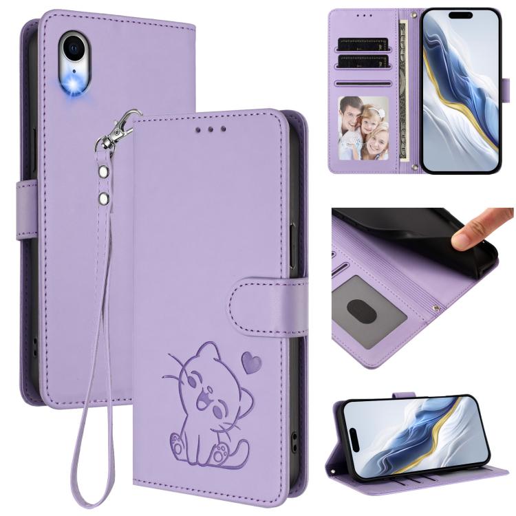 เคสโทรศัพท์หนังปั๊มลายหัวใจแมวพร้อมสายคล้องมือ สำหรับ iPhone XR, สำหรับ iPhone XS Max, สำหรับ iPhone 7 Plus / 8 Plus