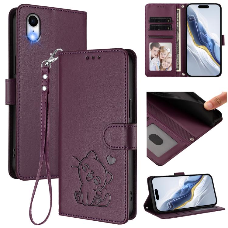 เคสโทรศัพท์หนังปั๊มลายหัวใจแมวพร้อมสายคล้องมือ สำหรับ iPhone XR, สำหรับ iPhone XS Max, สำหรับ iPhone 7 Plus / 8 Plus