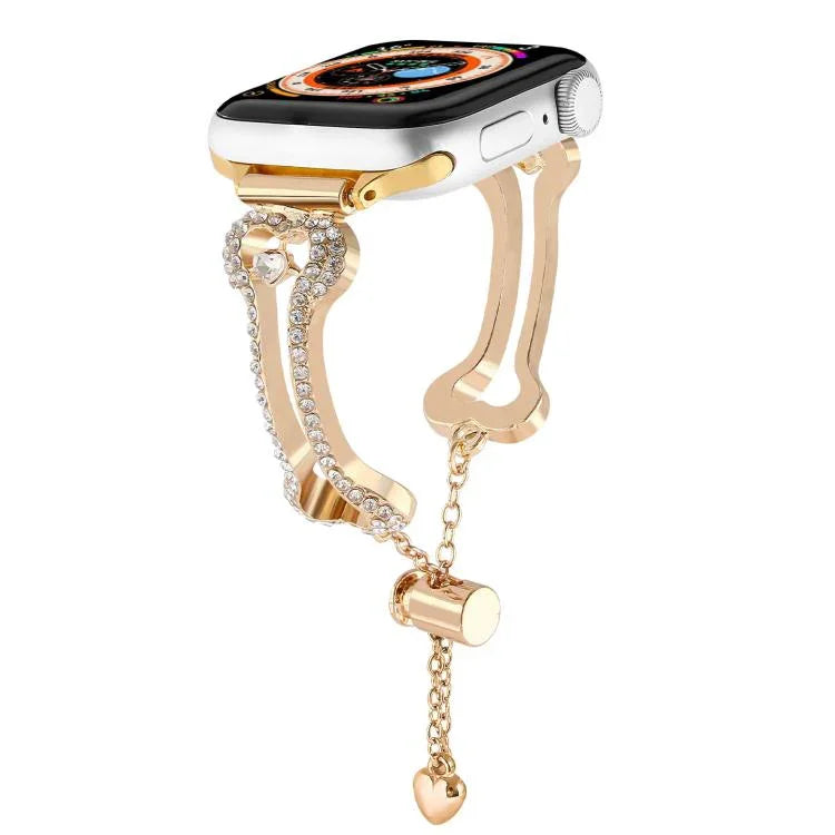 สายรัดนาฬิกาโลหะแข็งรูปโซ่กระดูกประดับเพชร สำหรับ Apple Watch ขนาด 46 มม. / 49 มม. / 45 มม. / 44 มม., สำหรับ Apple Watch ขนาด 42 มม. / 41 มม. / 40 มม. / 38 มม.