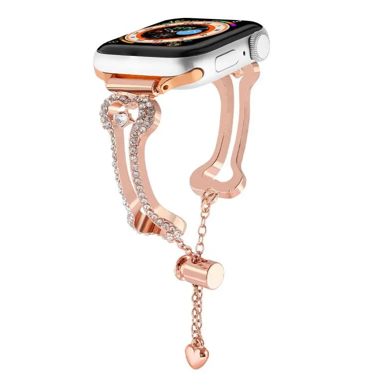 สายรัดนาฬิกาโลหะแข็งรูปโซ่กระดูกประดับเพชร สำหรับ Apple Watch ขนาด 46 มม. / 49 มม. / 45 มม. / 44 มม., สำหรับ Apple Watch ขนาด 42 มม. / 41 มม. / 40 มม. / 38 มม.