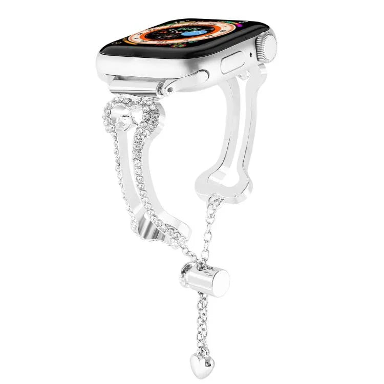 สายรัดนาฬิกาโลหะแข็งรูปโซ่กระดูกประดับเพชร สำหรับ Apple Watch ขนาด 46 มม. / 49 มม. / 45 มม. / 44 มม., สำหรับ Apple Watch ขนาด 42 มม. / 41 มม. / 40 มม. / 38 มม.