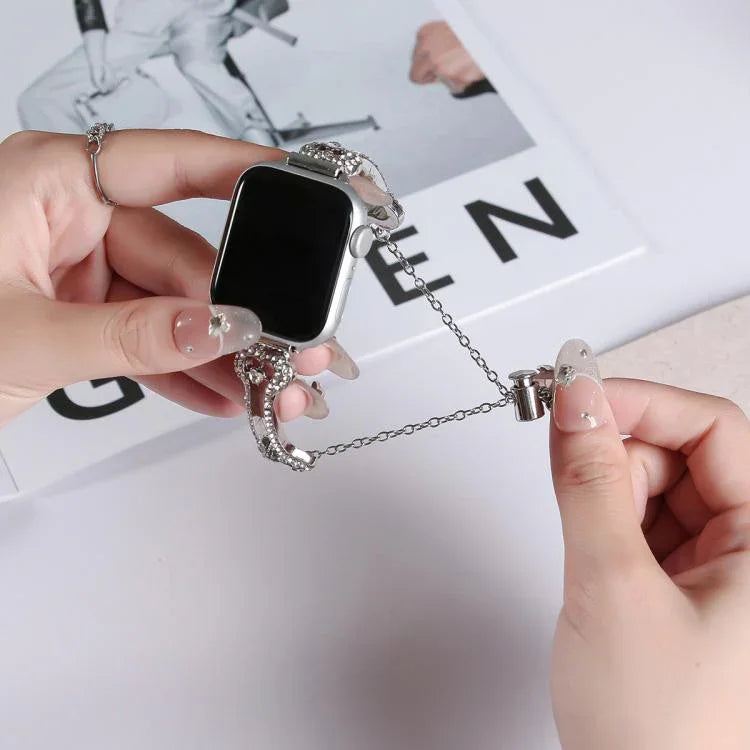 สายรัดนาฬิกาโลหะแข็งรูปโซ่กระดูกประดับเพชร สำหรับ Apple Watch ขนาด 46 มม. / 49 มม. / 45 มม. / 44 มม., สำหรับ Apple Watch ขนาด 42 มม. / 41 มม. / 40 มม. / 38 มม.