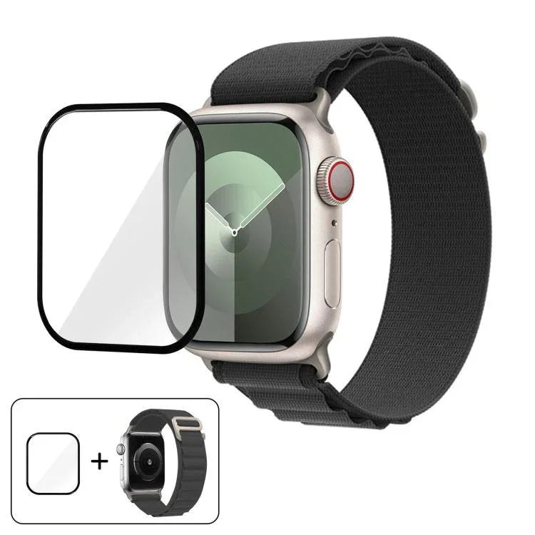 สายรัดนาฬิกาไนลอนแบบห่วงหัวเข็มขัดพร้อมฟิล์มโค้ง 3D สำหรับ Apple Watch Series 10 ขนาด 46 มม.