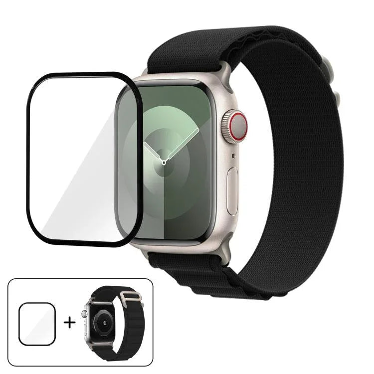 สายรัดนาฬิกาไนลอนแบบห่วงหัวเข็มขัดพร้อมฟิล์มโค้ง 3D สำหรับ Apple Watch Series ขนาด 40 มม.