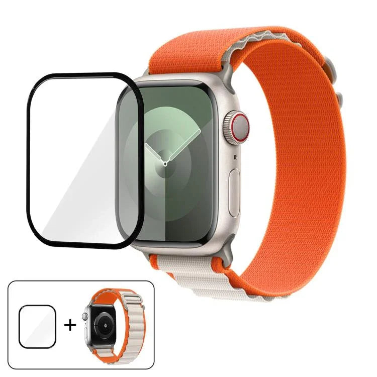 สายรัดนาฬิกาไนลอนแบบห่วงหัวเข็มขัดพร้อมฟิล์มโค้ง 3D สำหรับ Apple Watch Series ขนาด 45 มม.