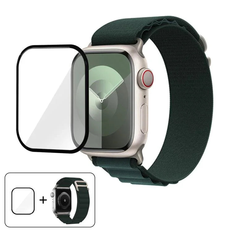 สายรัดนาฬิกาไนลอนแบบห่วงหัวเข็มขัดพร้อมฟิล์มโค้ง 3D สำหรับ Apple Watch Series ขนาด 45 มม.