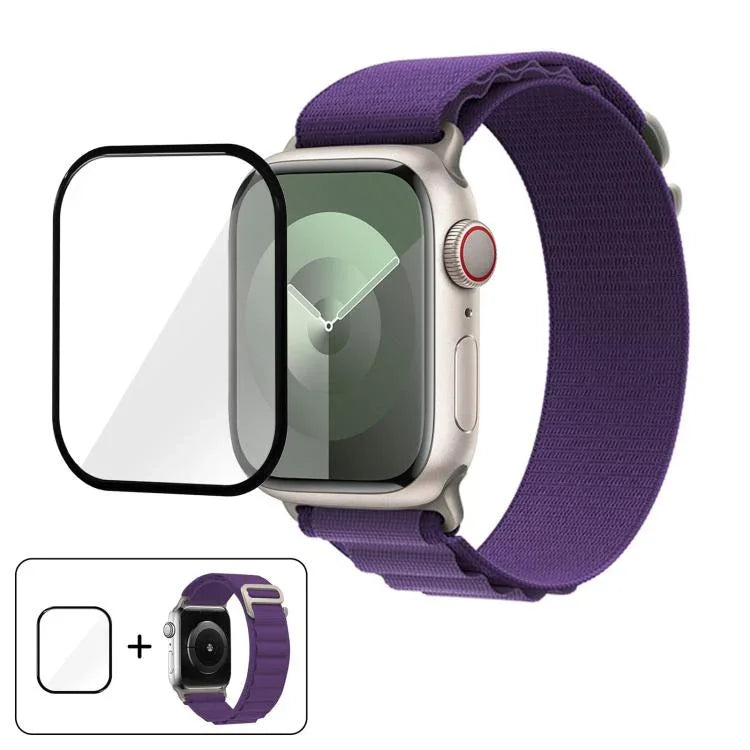 สายรัดนาฬิกาไนลอนแบบห่วงหัวเข็มขัดพร้อมฟิล์มโค้ง 3D สำหรับ Apple Watch Series ขนาด 45 มม.