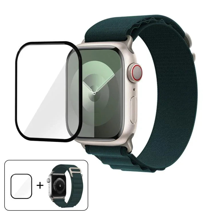 สายรัดนาฬิกาไนลอนแบบห่วงหัวเข็มขัดพร้อมฟิล์มโค้ง 3D สำหรับ Apple Watch Series 38 มม.
