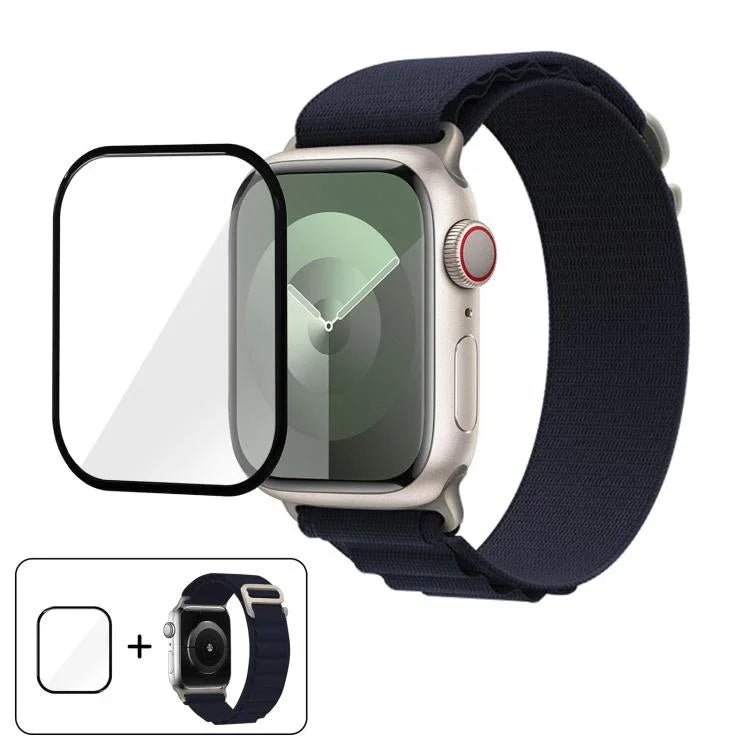 สายรัดนาฬิกาไนลอนแบบห่วงหัวเข็มขัดพร้อมฟิล์มโค้ง 3D สำหรับ Apple Watch Series 38 มม.