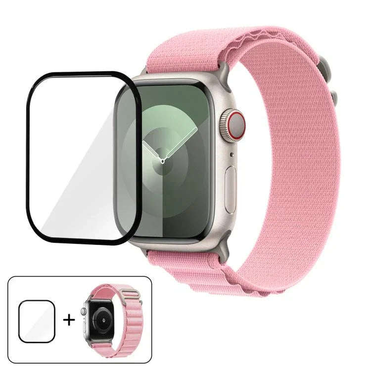 สายรัดนาฬิกาไนลอนแบบห่วงหัวเข็มขัดพร้อมฟิล์มโค้ง 3D สำหรับ Apple Watch Series 42 มม.