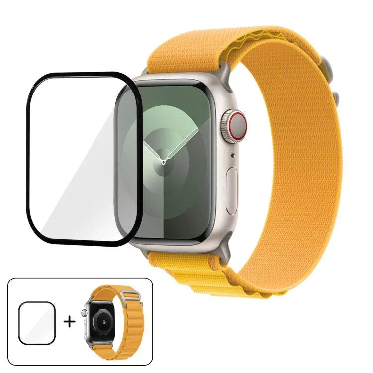 สายรัดนาฬิกาไนลอนแบบห่วงหัวเข็มขัดพร้อมฟิล์มโค้ง 3D สำหรับ Apple Watch Series 42 มม.