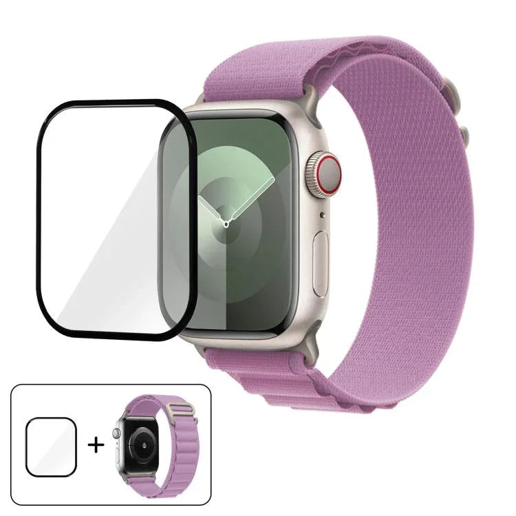สายรัดนาฬิกาไนลอนแบบห่วงหัวเข็มขัดพร้อมฟิล์มโค้ง 3D สำหรับ Apple Watch Series 42 มม.
