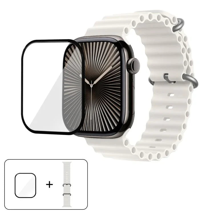 สายรัดนาฬิกาซิลิโคน Ocean พร้อมฟิล์มโค้ง 3D สำหรับ Apple Watch Series 10 46 มม., สำหรับ Apple Watch Series 10 42 มม., สำหรับ Apple Watch Series 44 มม.
