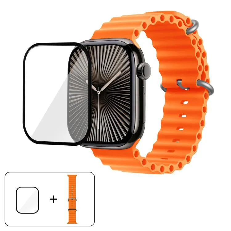 สายรัดนาฬิกาซิลิโคน Ocean พร้อมฟิล์มโค้ง 3D สำหรับ Apple Watch Series 40 มม., สำหรับ Apple Watch Ultra 2 / 1 49 มม., สำหรับ Apple Watch Series 45 มม.