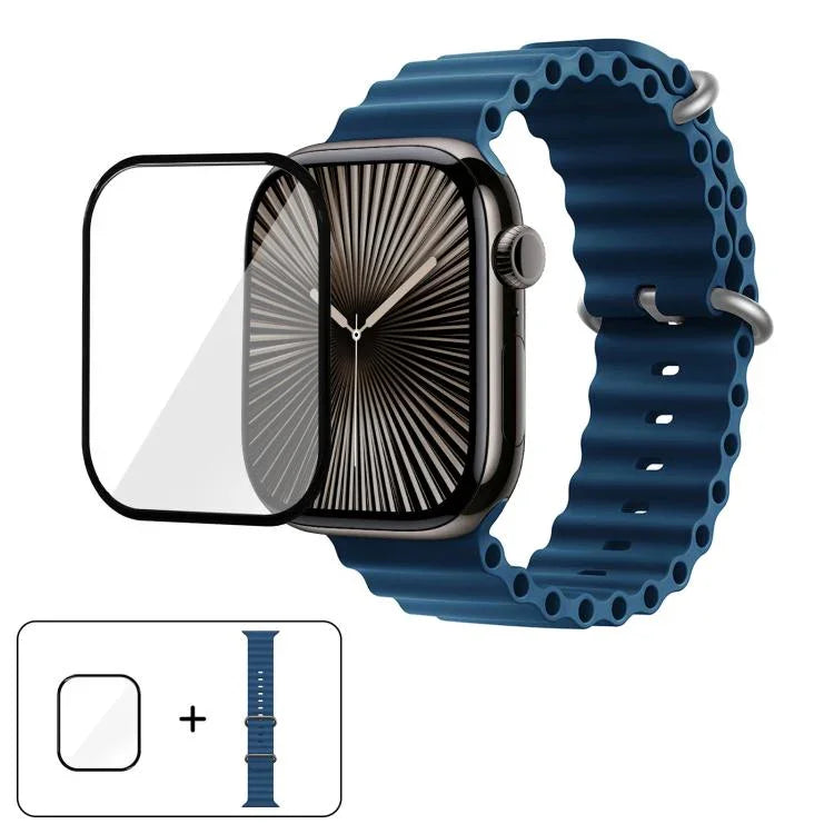 สายรัดนาฬิกาซิลิโคน Ocean พร้อมฟิล์มโค้ง 3D สำหรับ Apple Watch Series 40 มม., สำหรับ Apple Watch Ultra 2 / 1 49 มม., สำหรับ Apple Watch Series 45 มม.
