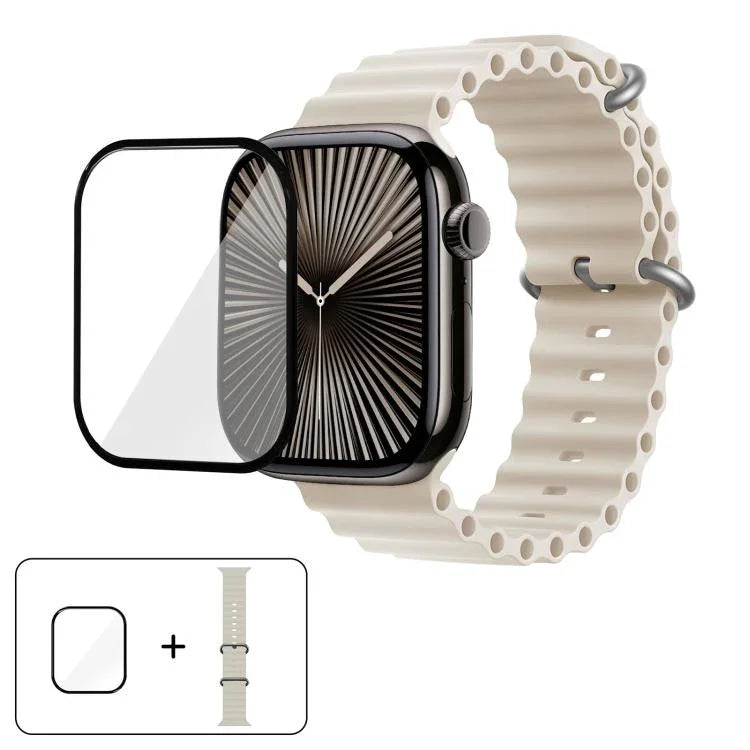 สายรัดนาฬิกาซิลิโคน Ocean พร้อมฟิล์มโค้ง 3D สำหรับ Apple Watch Series 40 มม., สำหรับ Apple Watch Ultra 2 / 1 49 มม., สำหรับ Apple Watch Series 45 มม.