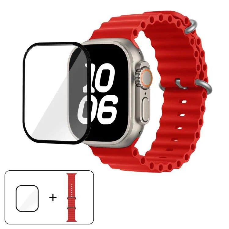 สายรัดนาฬิกาซิลิโคน Ocean พร้อมฟิล์มโค้ง 3D สำหรับ Apple Watch Series 40 มม., สำหรับ Apple Watch Ultra 2 / 1 49 มม., สำหรับ Apple Watch Series 45 มม.