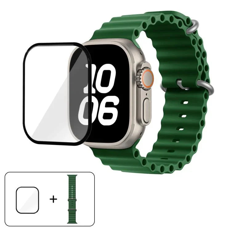 สายรัดนาฬิกาซิลิโคน Ocean พร้อมฟิล์มโค้ง 3D สำหรับ Apple Watch Series 40 มม., สำหรับ Apple Watch Ultra 2 / 1 49 มม., สำหรับ Apple Watch Series 45 มม.