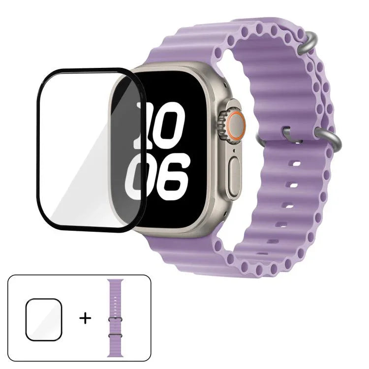 สายรัดนาฬิกาซิลิโคน Ocean พร้อมฟิล์มโค้ง 3D สำหรับ Apple Watch Series 40 มม., สำหรับ Apple Watch Ultra 2 / 1 49 มม., สำหรับ Apple Watch Series 45 มม.