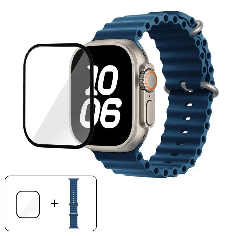 สายรัดนาฬิกาซิลิโคน Ocean พร้อมฟิล์มโค้ง 3D สำหรับ Apple Watch Series 40 มม., สำหรับ Apple Watch Ultra 2 / 1 49 มม., สำหรับ Apple Watch Series 45 มม.