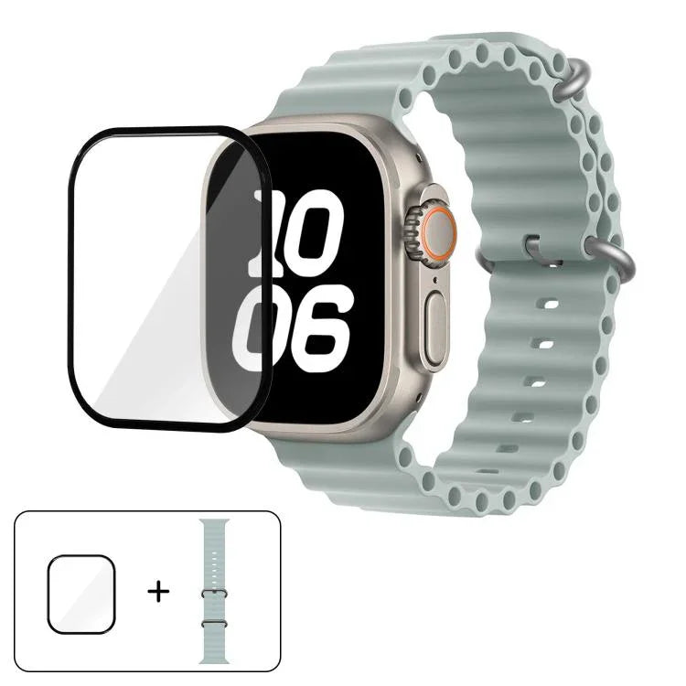 สายรัดนาฬิกาซิลิโคน Ocean พร้อมฟิล์มโค้ง 3D สำหรับ Apple Watch Series 40 มม., สำหรับ Apple Watch Ultra 2 / 1 49 มม., สำหรับ Apple Watch Series 45 มม.