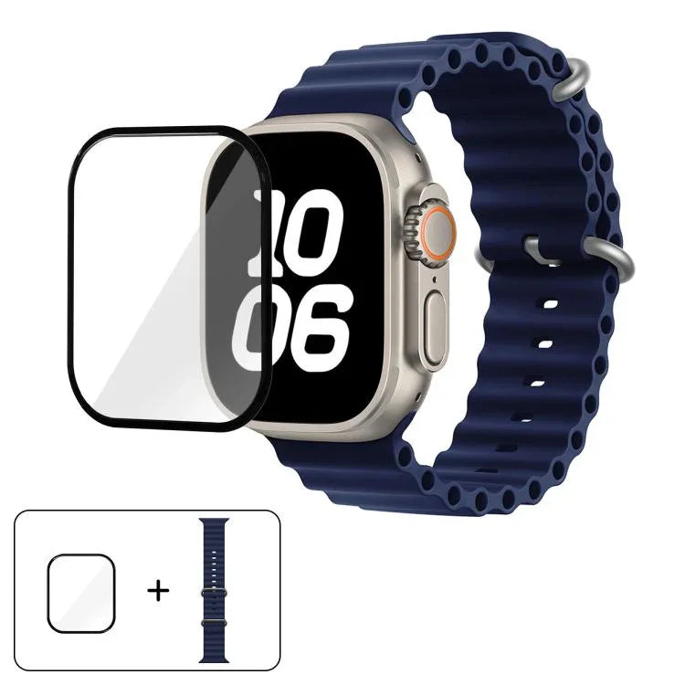 สายรัดนาฬิกาซิลิโคน Ocean พร้อมฟิล์มโค้ง 3D สำหรับ Apple Watch Series 40 มม., สำหรับ Apple Watch Ultra 2 / 1 49 มม., สำหรับ Apple Watch Series 45 มม.