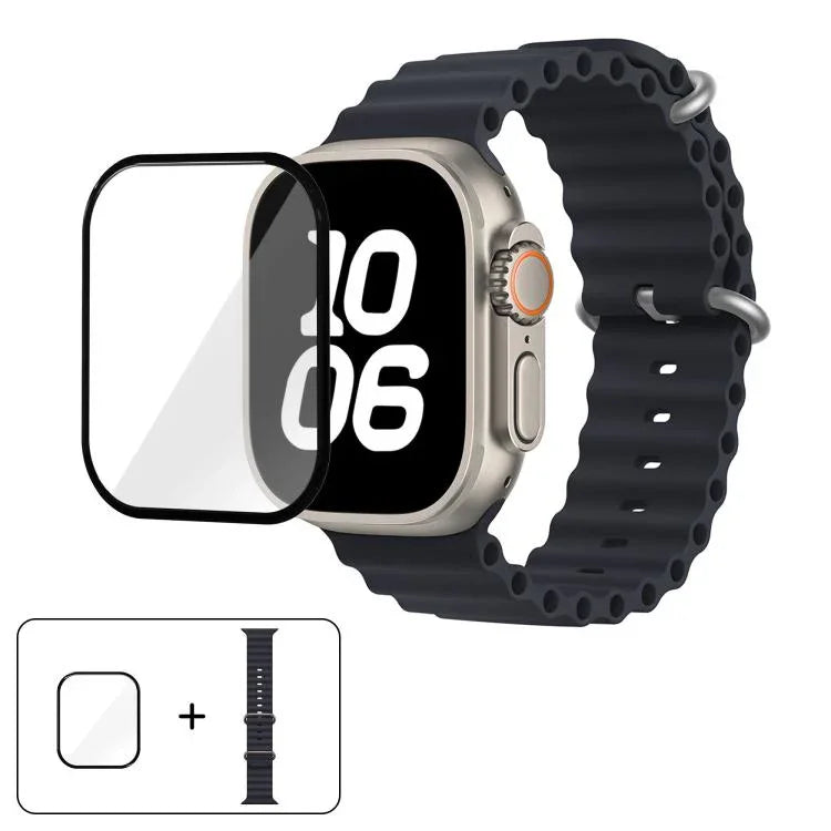 สายรัดนาฬิกาซิลิโคน Ocean พร้อมฟิล์มโค้ง 3D สำหรับ Apple Watch Series 40 มม., สำหรับ Apple Watch Ultra 2 / 1 49 มม., สำหรับ Apple Watch Series 45 มม.